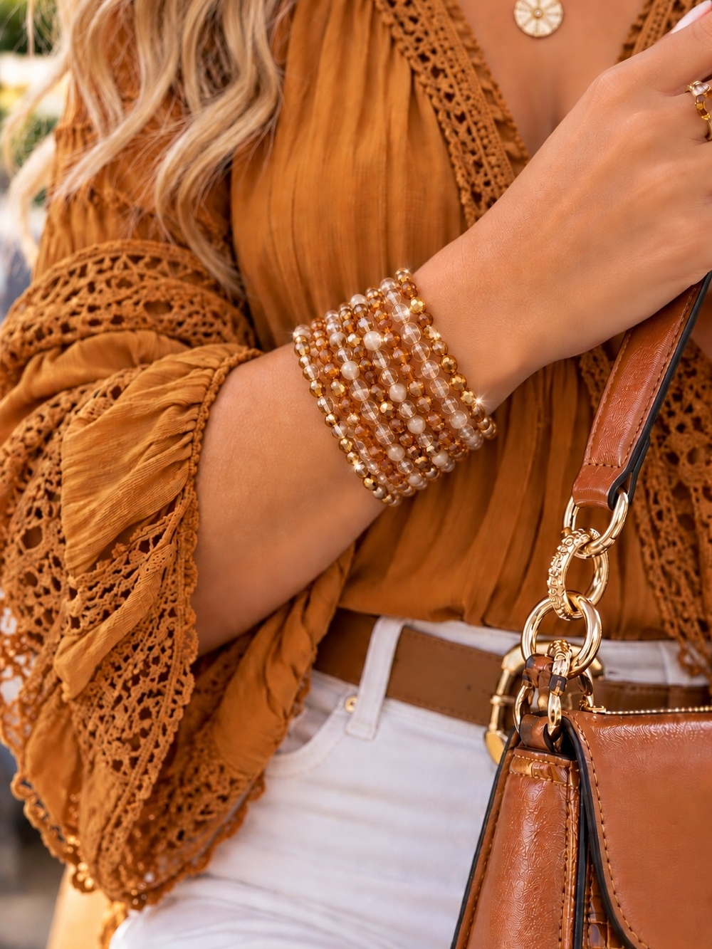 Elegant Gold and Amber Beaded Cuff Bracelet Stack